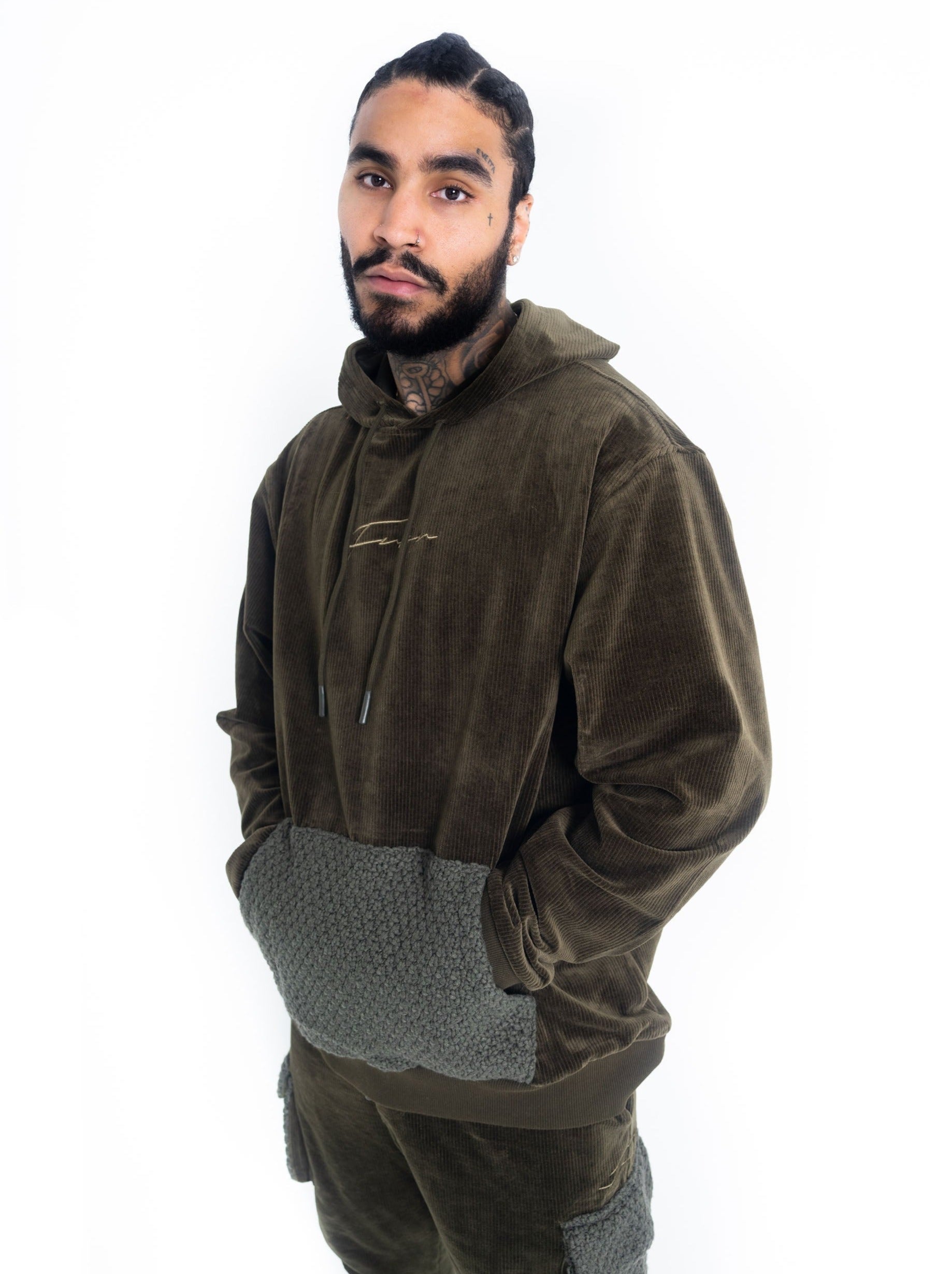 Corduroy Combo Knit Hoodie, Olive